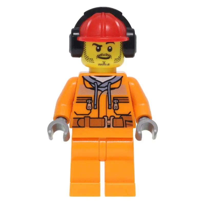 Construction Worker, Safety Jacket over Hoodie with Belt, Orange Legs, Red Hard Hat with Ear Defenders, Stubble
