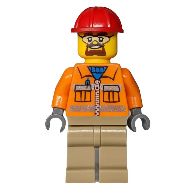 Construction Worker, Orange Jacket with Zipper and Reflective Stripes, Dark Tan Legs, Red Hard Hat, Goatee Beard and Safety Glasses
