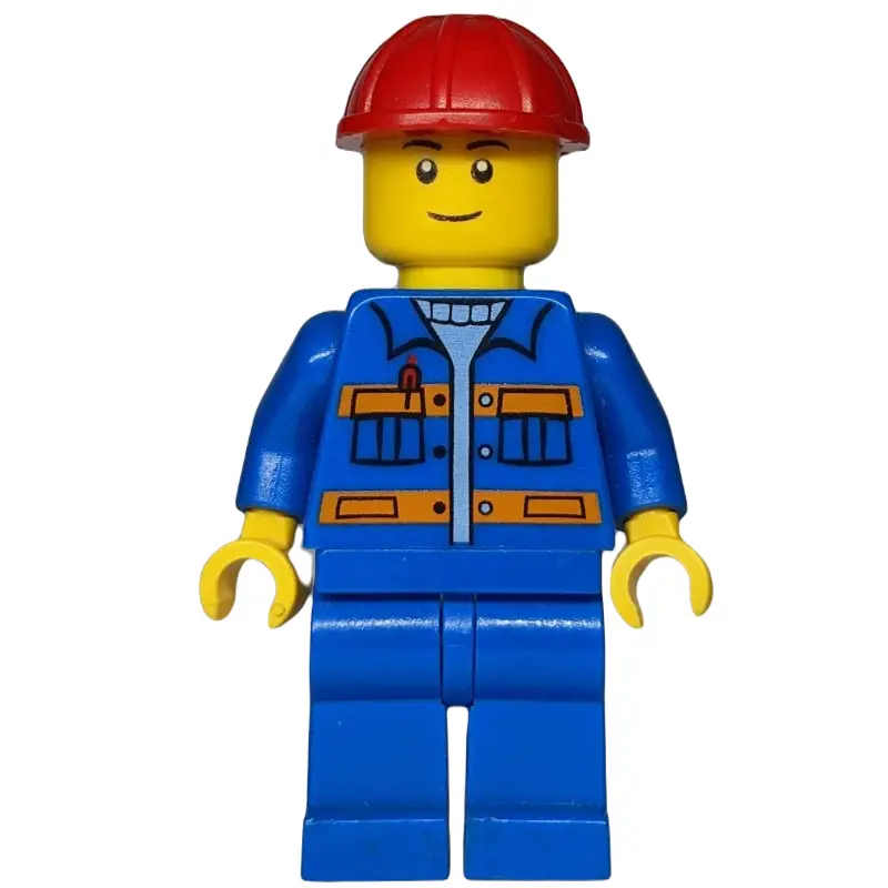 Construction Worker, Blue Jacket with Orange Stripes, Blue Legs, Red Hard Hat