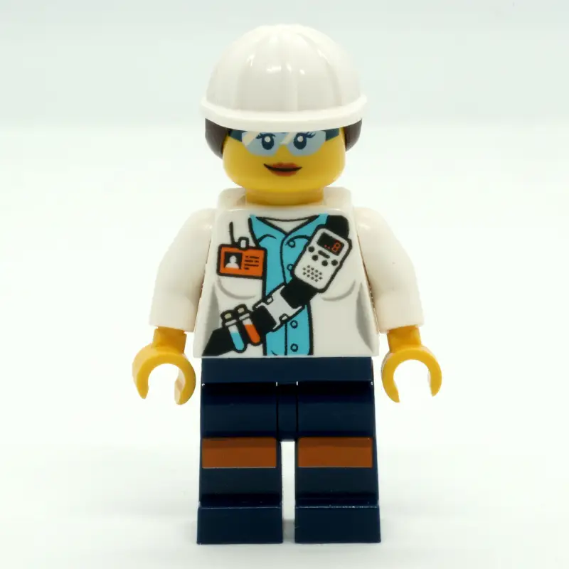 Miner, Woman, Open White Jacket with Shoulder Belt and ID Badge, White Hard Hat with Hair, Safety Glasses