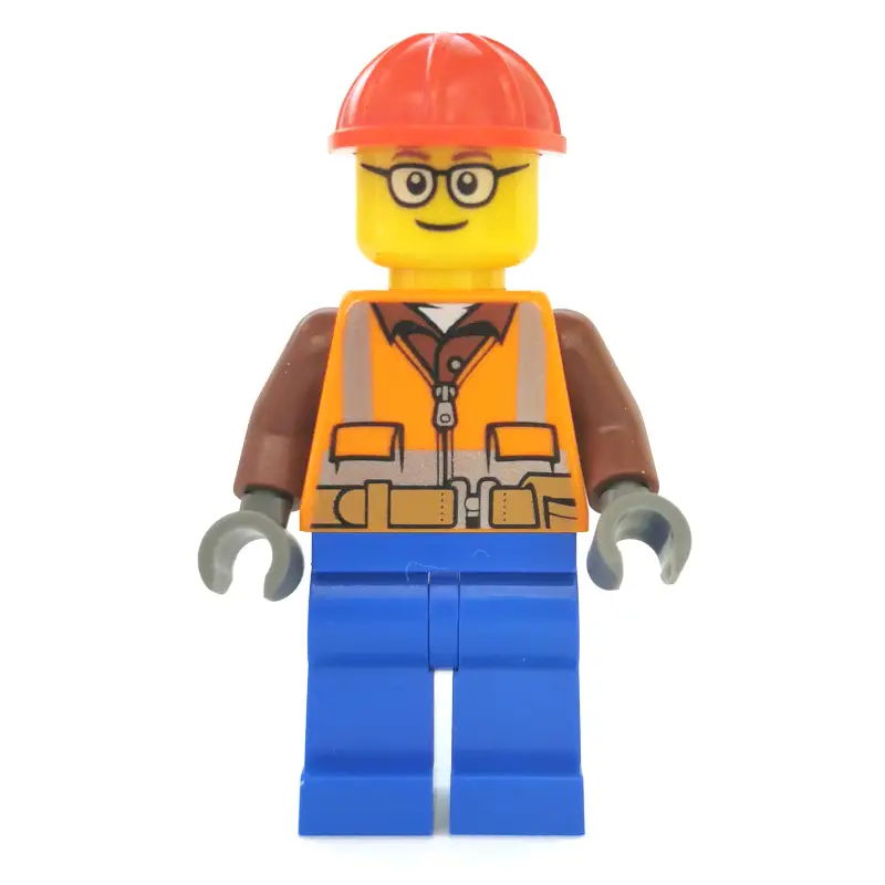 Construction Worker, Orange Safety Vest with Zipper over Reddish Brown Shirt, Blue Legs, Red Hard Hat, Glasses