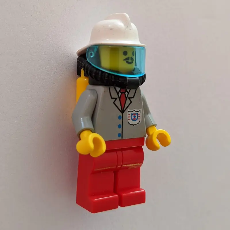 Light Grey Jacket, Red Legs, White Helmet, Breathing Apparatus