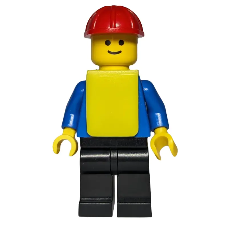 Construction Worker, Blue Shirt with Pockets and Buttons, Black Legs, Red Hard Hat, Yellow Vest