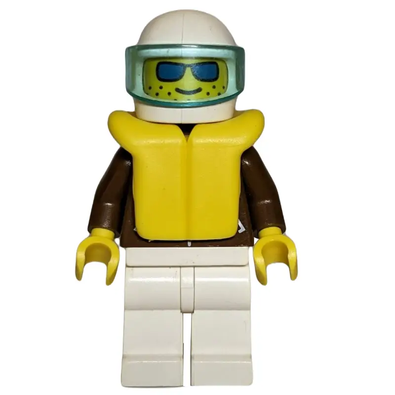 Racer, Brown Jacker with Zipper, White Legs, White Helmet with Visor, Yellow Life Vest, Blue Sunglasses