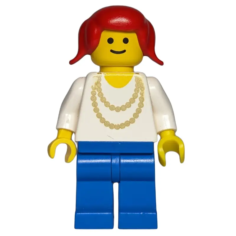 Woman, White Top with Yellow Necklace, Blue Legs, Red Hair