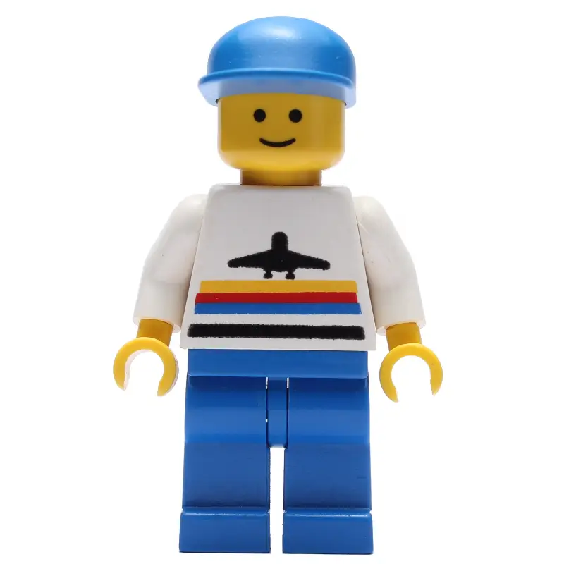 Man, White Shirt with Airplane, Blue Legs, Blue Cap