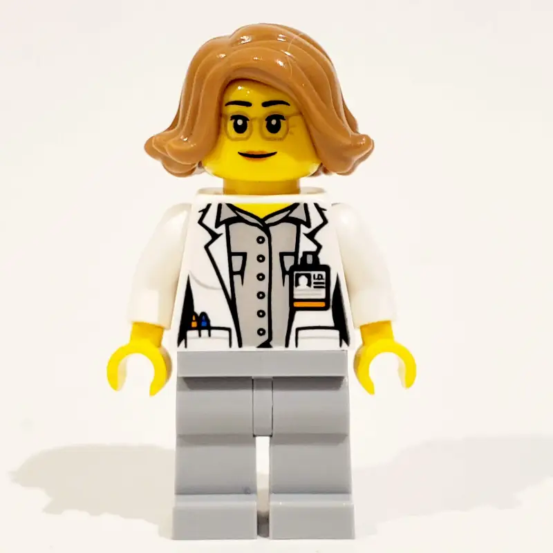 Scientist - White Torso, Labcoat, Light Bluish grey Legs, Medium Nougat Hair