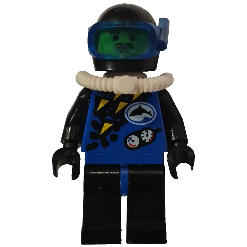 Diver, Man, Blue Wetsuit, Black Helmet with Mask, Airtank, Moustache