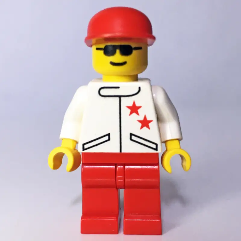 Racer, White Jacket with 2 Stars, Red Cap, Sunglasses