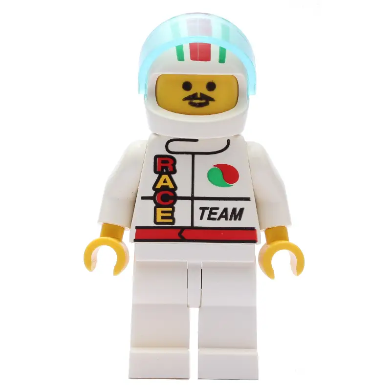 Racer, White Jacket with Octan Logo and 'RACE' and 'TEAM', White Helmet with Stripes and Visor, Moustache