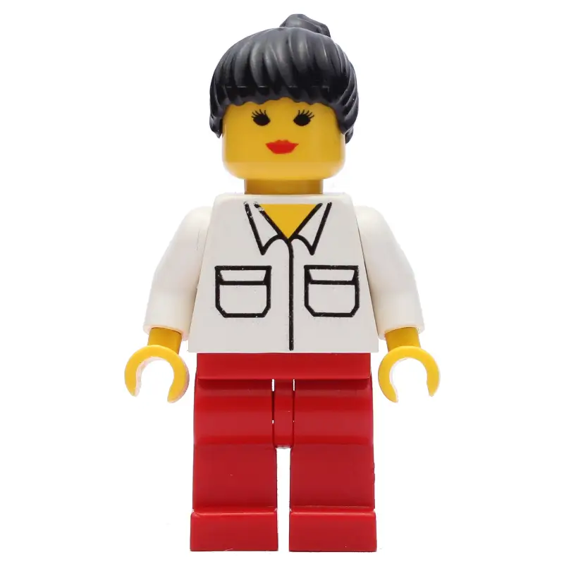 Woman, White Shirt with Pockets, Red Legs, Black Hair