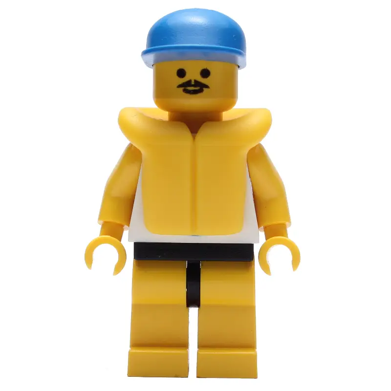 Man, White Tank Top with Windsurfer, Yellow Legs, Blue Cap, Yellow Life Vest, Moustache