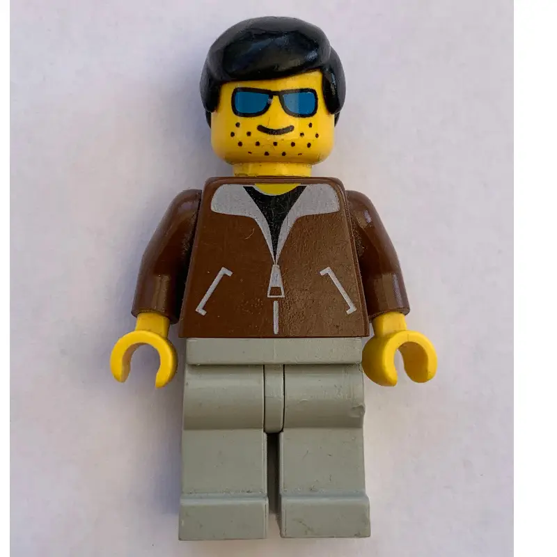 Man, Brown Jacket, Light Gray Legs, Black Hair, Blue Sunglasses