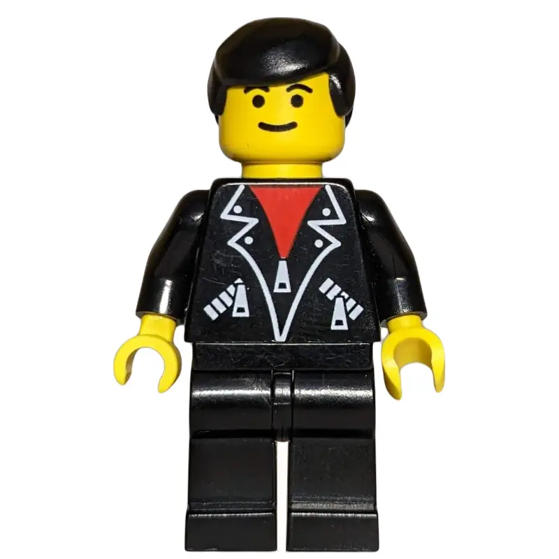 Man, Open Black Jacket over Red Shirt, Black Legs, Black Hair, Eyebrows