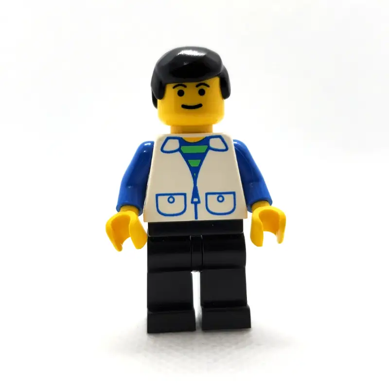 Man, Open White Vest over Blue and Green Striped Shirt, Black Legs, Black Hair