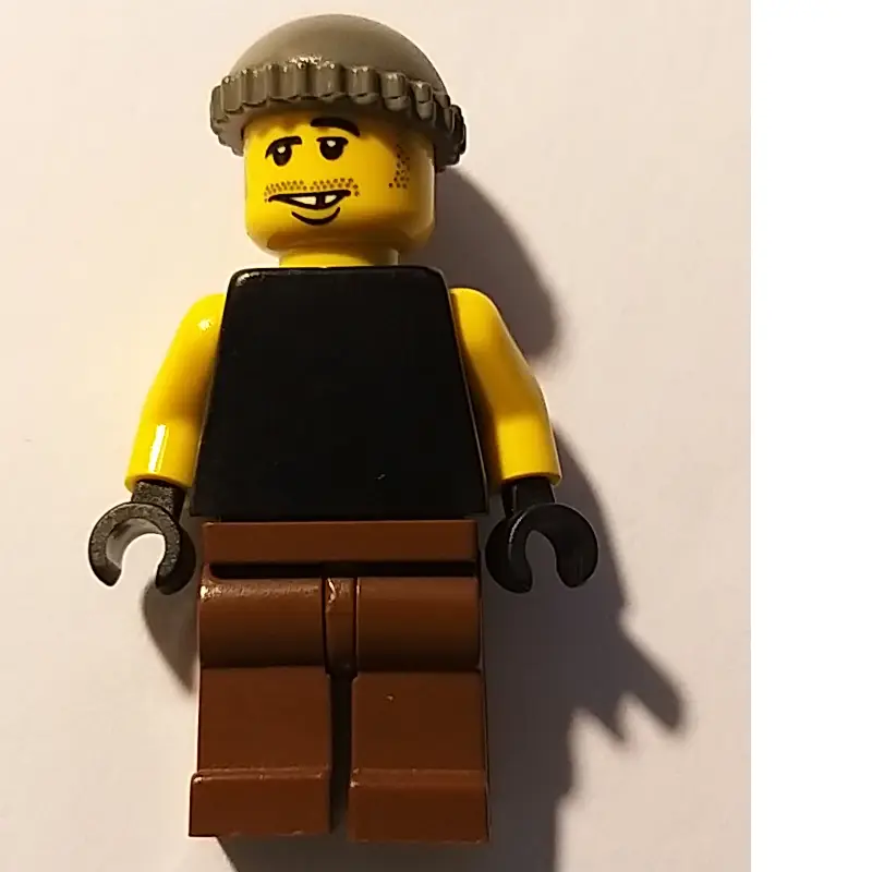 Man, Black Tank Top with Yellow Arms, Brown Legs, Dark Gray Hat