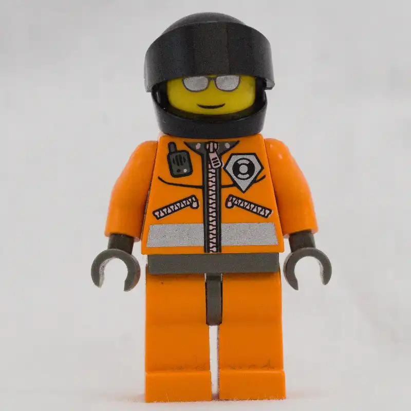 Coast Guard, Orange Jumpsuit with Zipper, Radio, and Badge, Dark Gray Helmet with Visor, Silver Sunglasses