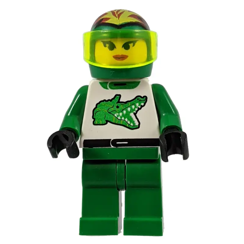Racer, Woman, Green and White Outfit with Crocodile, Green Helmet with Flames and Visor
