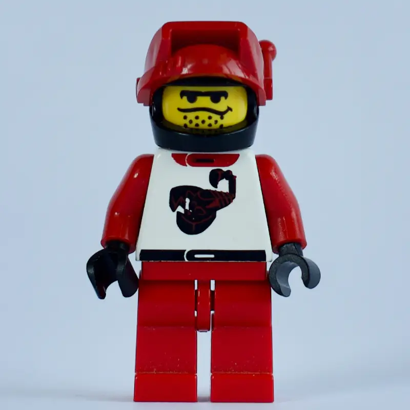 Racer, Red and White Outfit with Scorpion, Black Helmet with Visor with Antenna