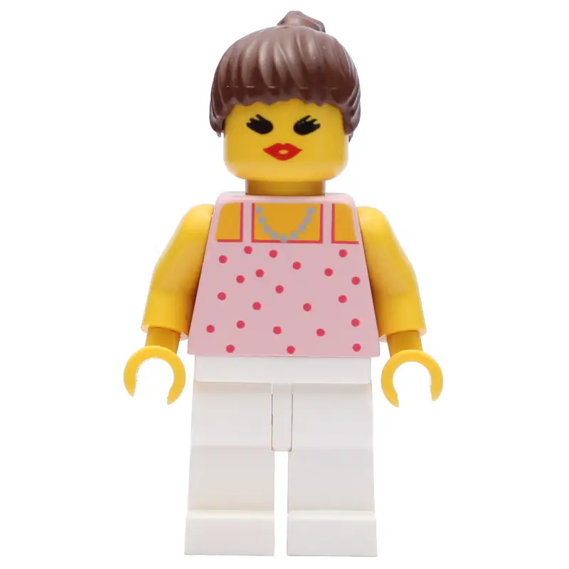 Woman, Pink Top with Spots, White Legs, Brown Hair - Open Mouth