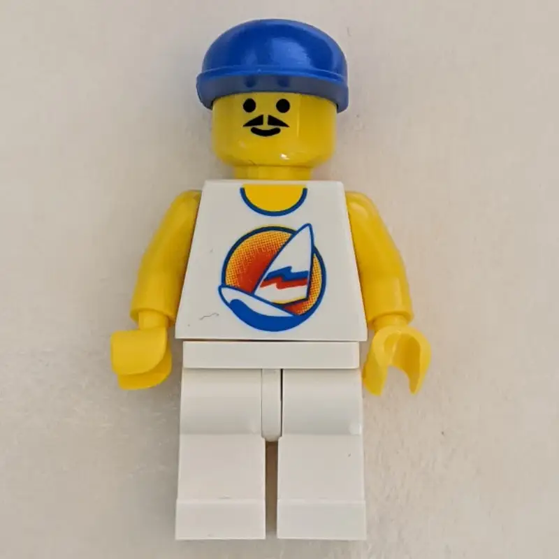 Man, White Tank Top with Windsurfer, White Legs, Blue Cap, Moustache