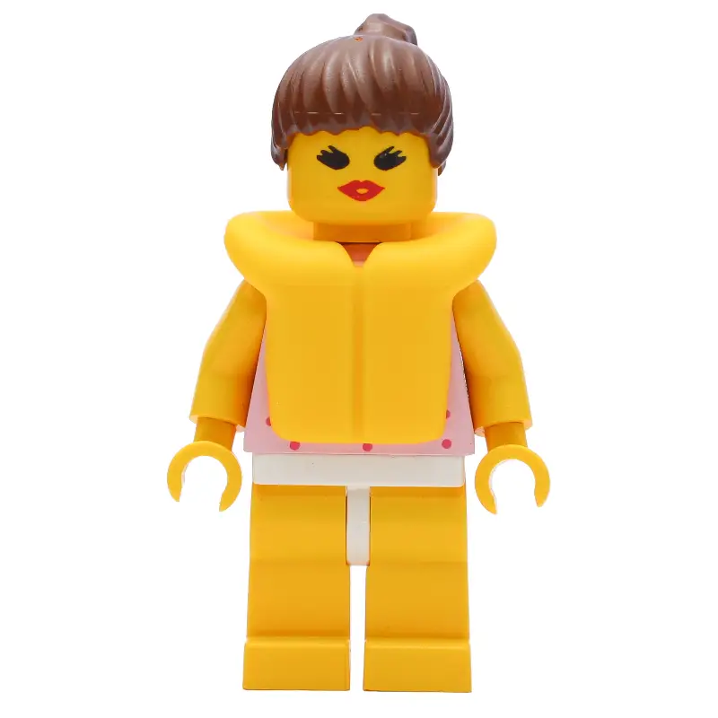 Woman, Pink Top with Spots, Yellow Legs, Brown Hair, Yellow Life Vest