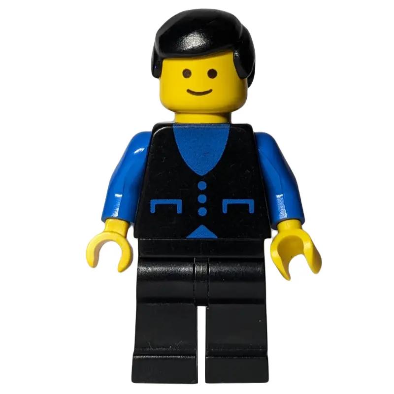 Man, Black Vest over Blue Shirt, Black Legs, Black Hair