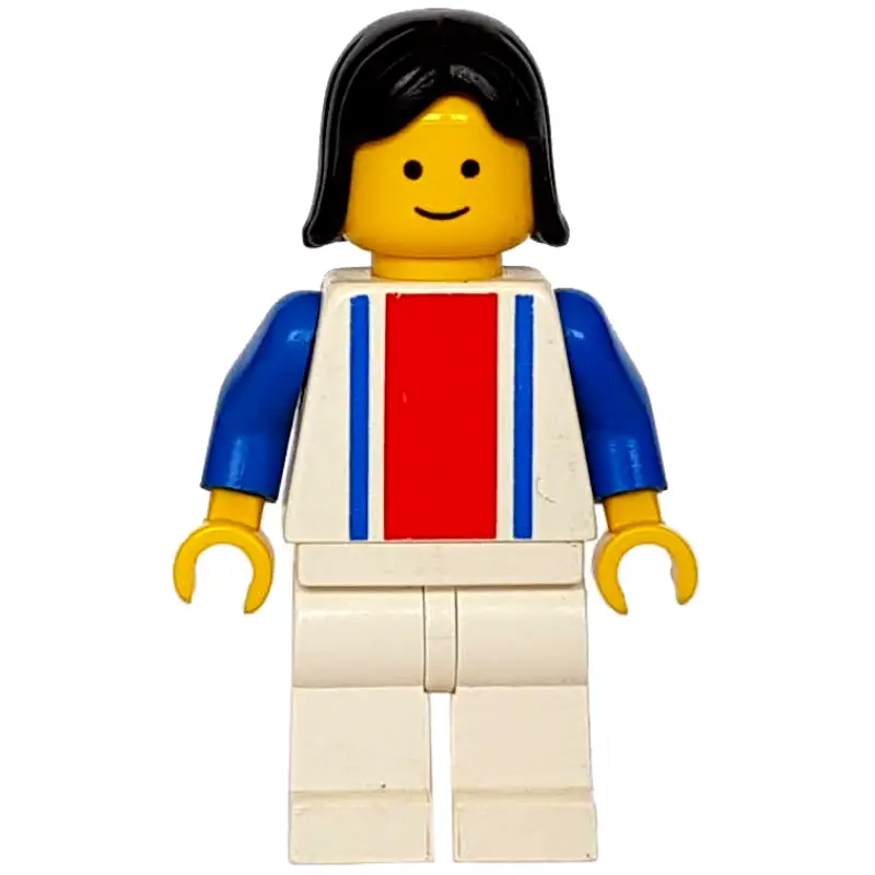 Woman, White Top with Large Red Stripe and 2 Blue Stripes, White Legs, Black Hair