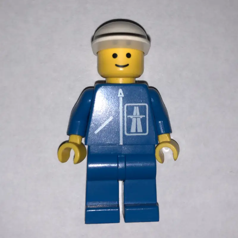 Man, Blue Jacket with Highway Logo, Blue Legs, White Cap