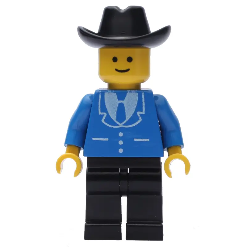 Man, Blue Jacket with Tie and Three Buttons, Black Legs, Black Cowboy Hat