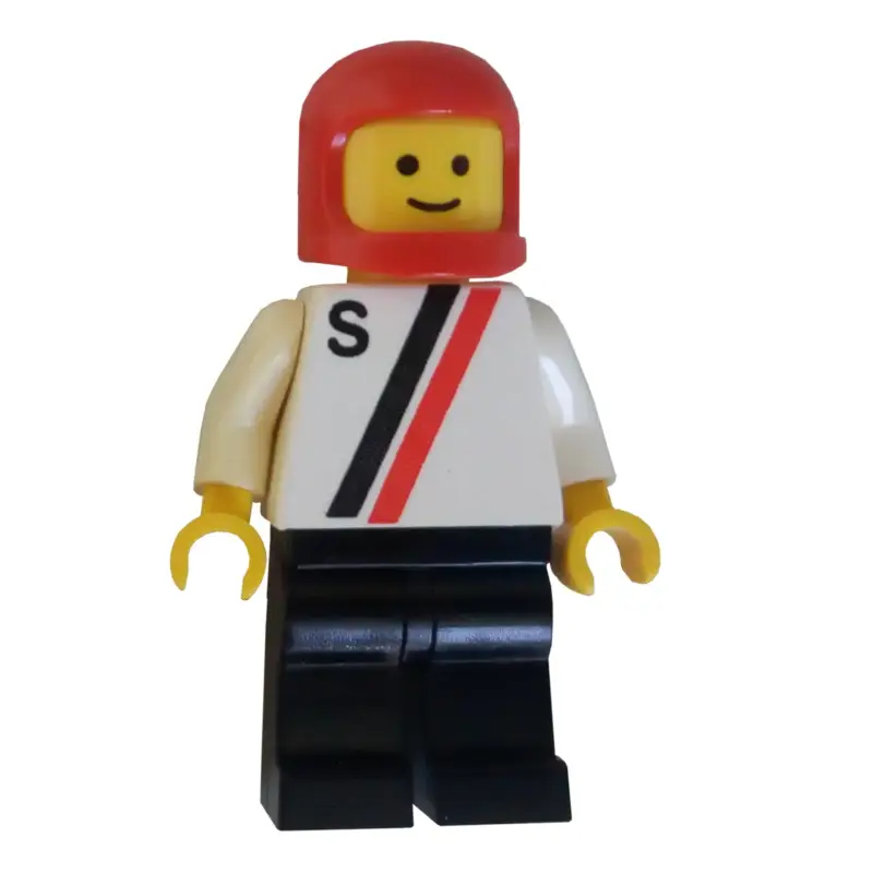 Racer, White Shirt with Two Stripes and 'S', Black Legs, Red Helmet