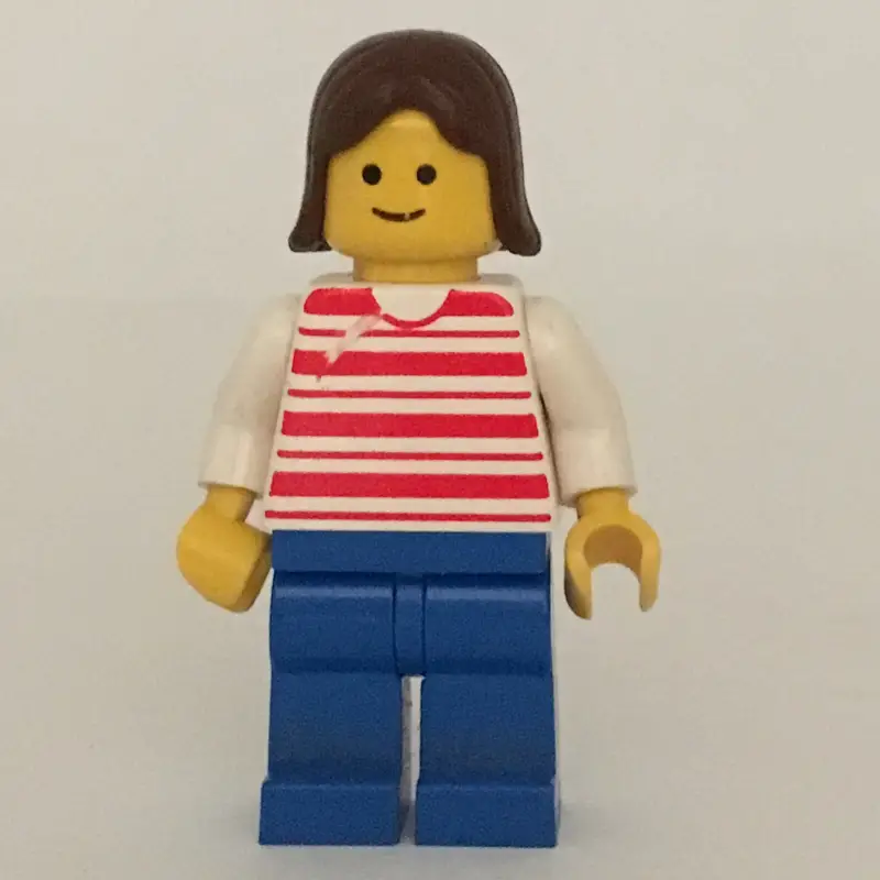 Woman, Red and White Striped Shirt, Blue Legs, Brown Hair