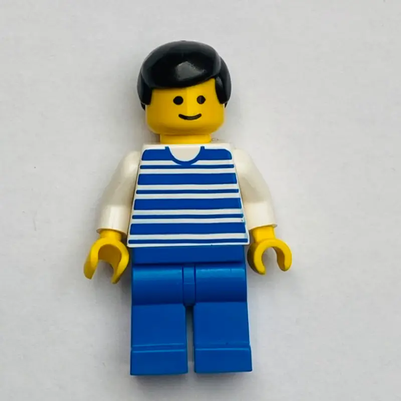 Man, White and Blue Striped Shirt, Blue Legs, Black Hair