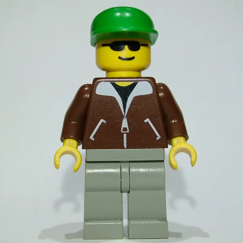 Man, Brown Jacket, Light Gray Legs, Green Cap, Sunglasses