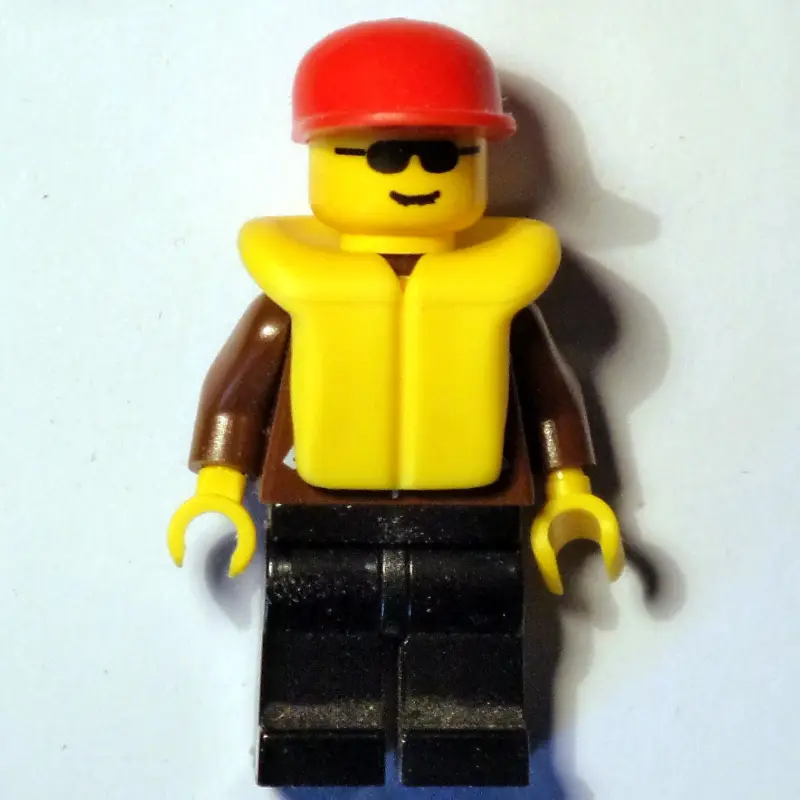 Man, Brown Jacket, Black Legs, Red Cap, Yellow Life Vest, Sunglasses