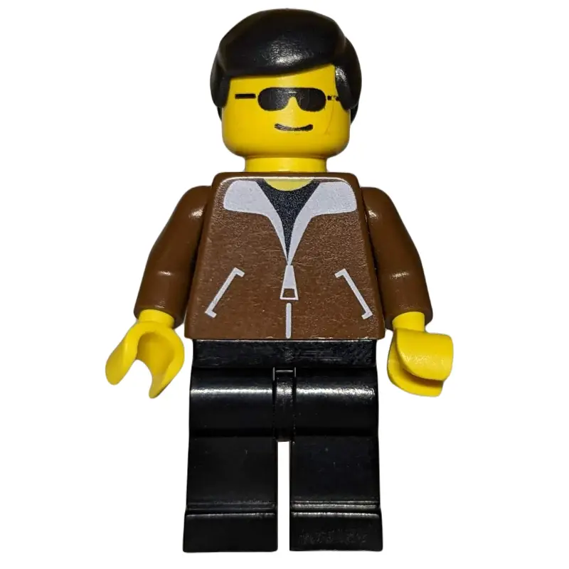 Man, Brown Jacket, Blue Legs, Black Hair, Sunglasses