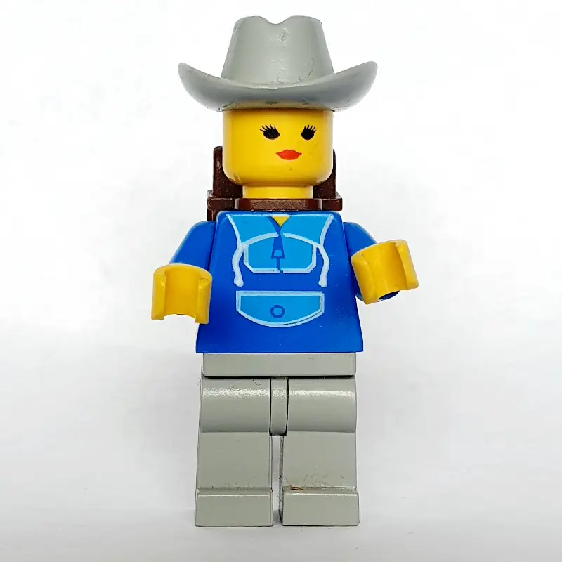 Woman, Blue and Light Gray Jogging Suit, Light Gray Cowboy Hat, Backpack