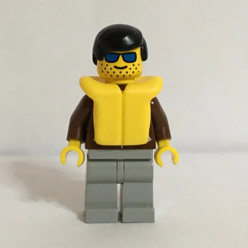 Man, Brown Jacket, Light Gray Legs, Black Hair, Yellow Life Vest, Blue Sunglasses
