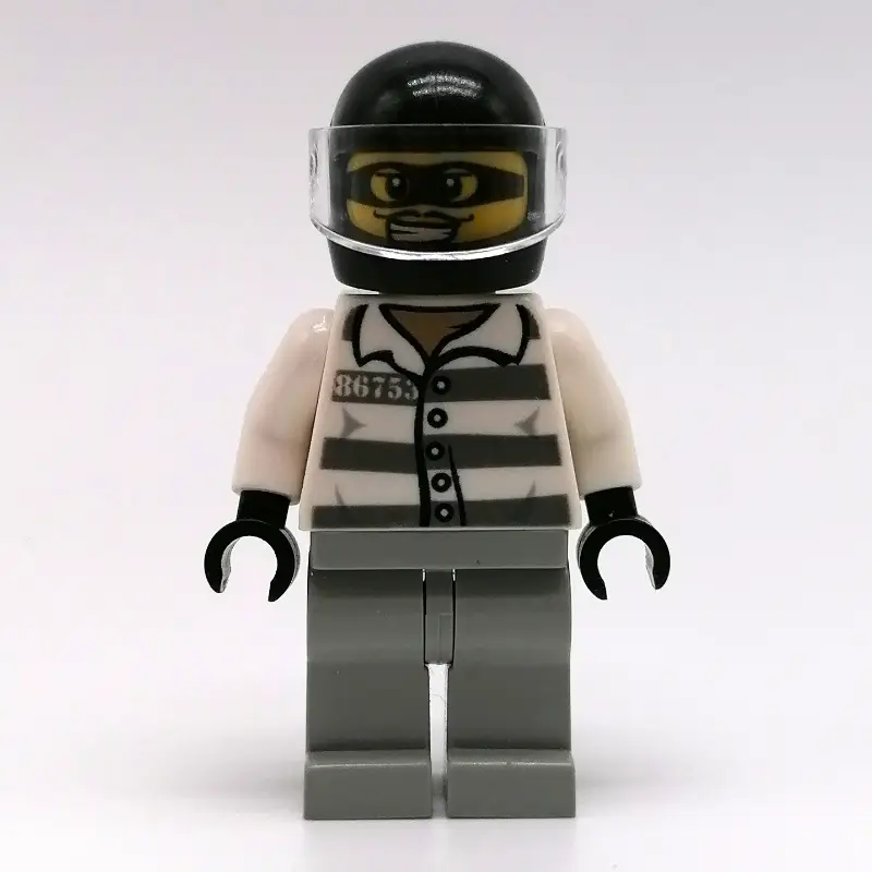 Criminal, Prison Shirt with #86753, Light Bluish Gray Legs, Black Helmet with Visor, Eyemask