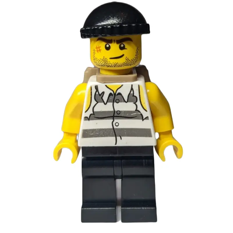 Criminal, Torn Prison Shirt, Black Legs, Black Hat, Dark Tan Backpack, Stubble and Scar