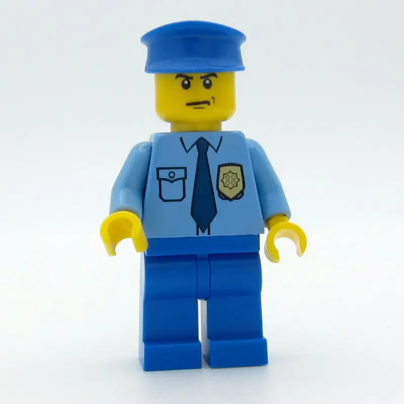 Policeman, Medium Blue Shirt with Badge and Tie, Blue Legs, Blue Hat, Scowl