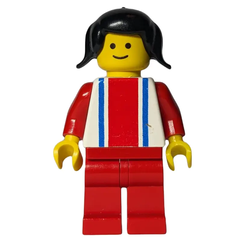 Woman, White Top with Large Red Stripe and 2 Blue Stripes, Red Legs, Black Pigtails Hair