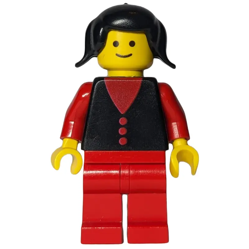 Woman, Black Vest over Red Top, Red Legs, Black Hair