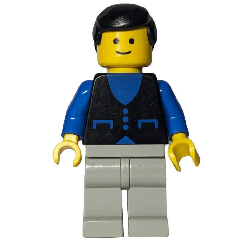 Man, Black Vest over Blue Shirt, Light Gray Legs, Black Hair