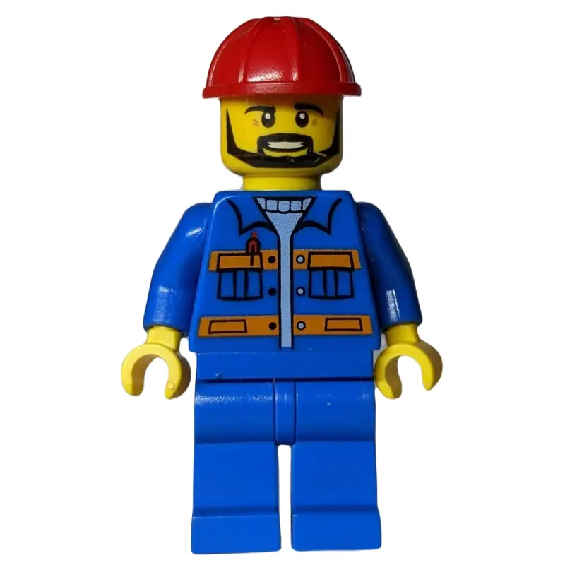 Worker, Blue Torso, Blue Legs, Red Helmet, Beard