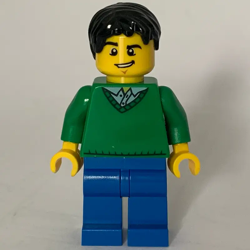 Man, Green V-Neck Sweater, Blue Legs, Black Hair