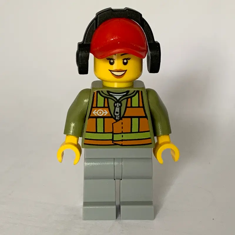 Train Worker, Woman, Orange Safety Vest with Train Logo over Olive Green Hoodie, Light Bluish Gray Legs, Red Cap with Ear Defenders