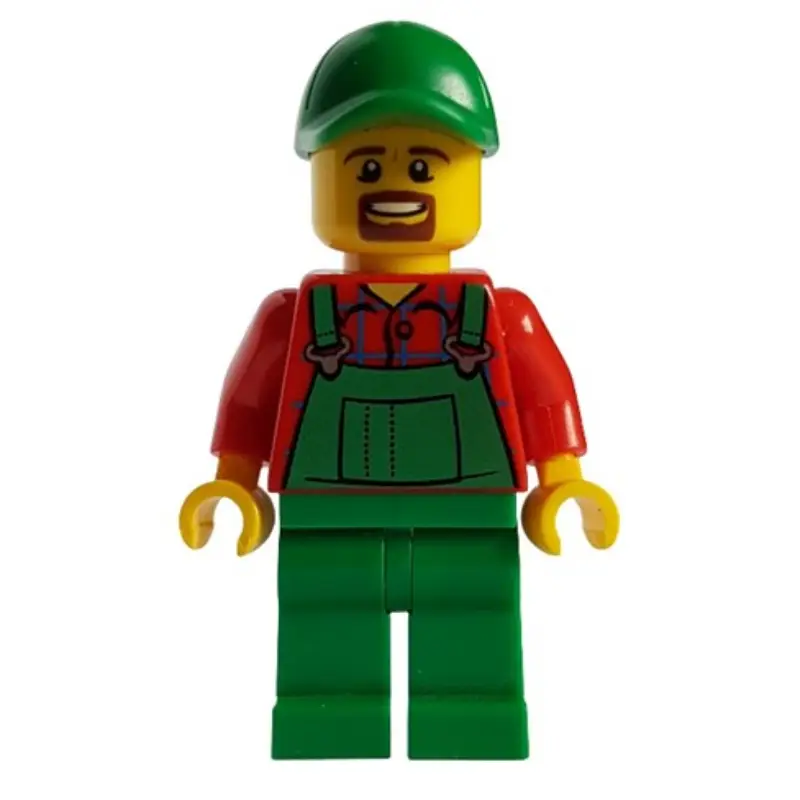 Man, Green Overalls over Red Shirt, Green Cap, Goatee Beard