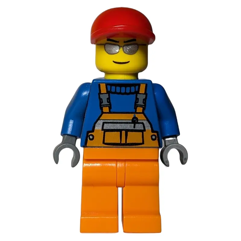 Construction Worker, Orange Overalls over Blue Sweater, Red Cap, Silver Sunglasses