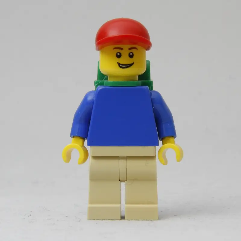 Blue Torso, Tan Legs, Red Cap, Green Backpack